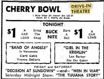 Cherry Bowl Drive-In Theatre - 24 Jul 1958 Ad (newer photo)